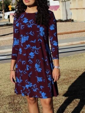 Ralph Lauren Burgundy Dress with Blue Floral Pattern, Midi, 3/4 Sleeves, Comfort